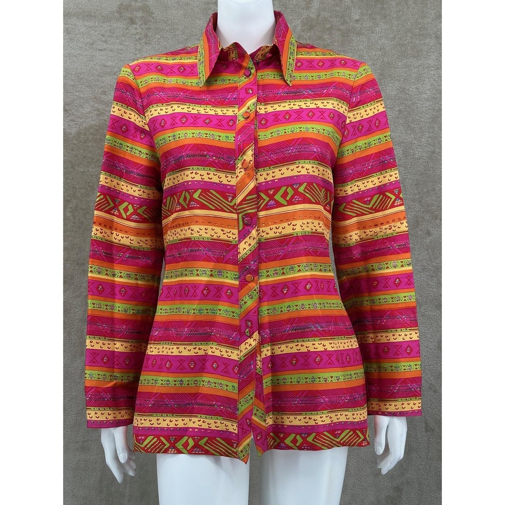 Vintage G2 George Gross Top Womens 10 Pink Orange Stripe Button Up Silk Colorful
